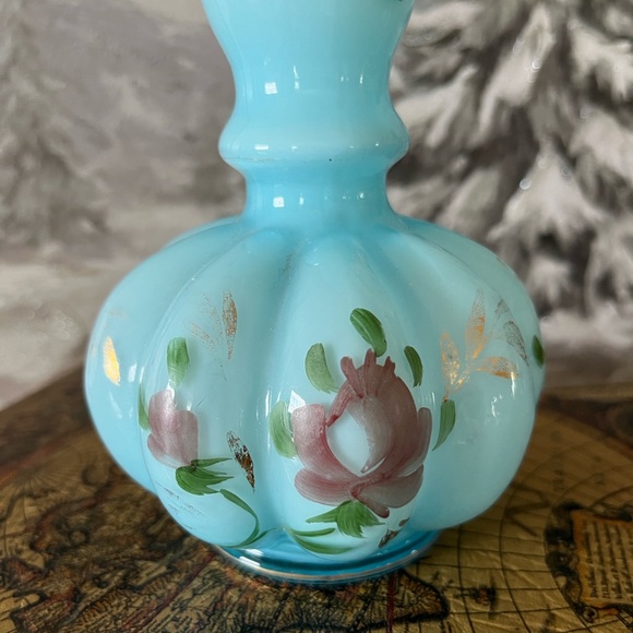 Vintage Blue Hand-Painted Glass Bottle Vase Floral Ruffled Rim No Stopper - Picture 2 of 10